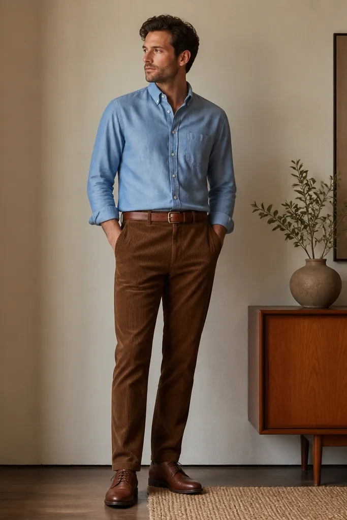 Man wearing a light blue chambray button-up tucked into brown corduroy pants. He has a cognac leather belt and brown leather shoes. The shirt sleeves are rolled once and the collar looks crisp.