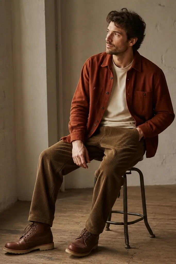 Man wearing a rust-colored overshirt over a cream t-shirt. He has medium brown corduroy pants and brown leather work boots. The overshirt is buttoned halfway and the pants show a clear medium wale texture.