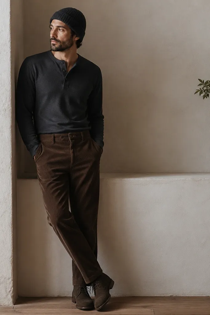Man wearing a charcoal long-sleeve henley tucked into brown corduroy pants. He has dark olive chukka boots and a dark knit beanie. The henley texture looks cottony and matte.