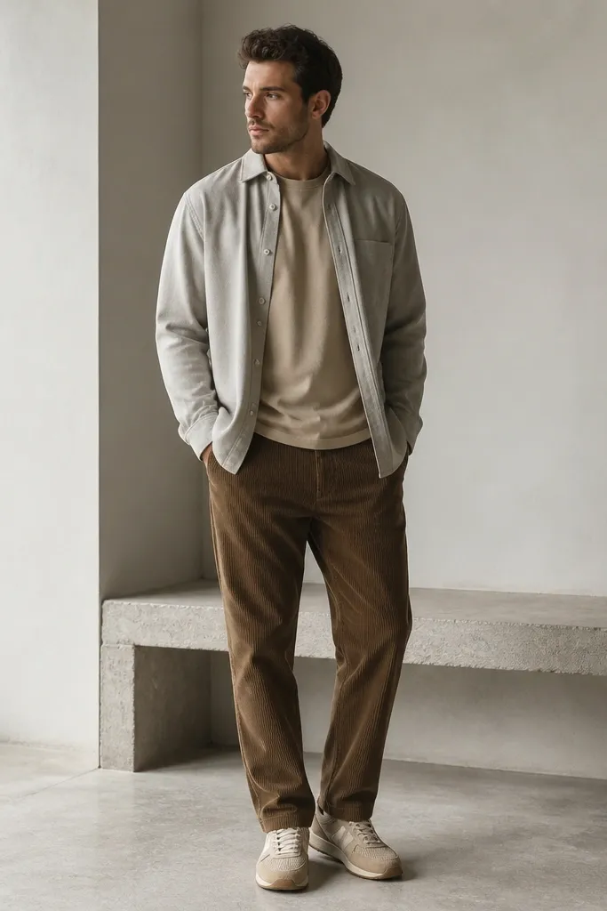 Man wearing a sand-colored t-shirt under a light grey overshirt. He has brown corduroy pants and light tan sneakers. The overshirt is open and the layers show at the chest.
