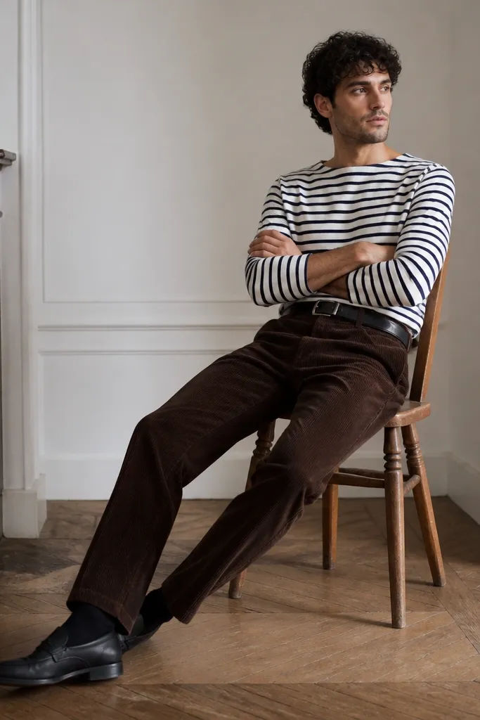 Man wearing a navy-and-white striped Breton tee tucked into espresso-brown corduroy pants. He has black leather loafers and a black belt. The stripes are crisp and the cord ridges are visible.