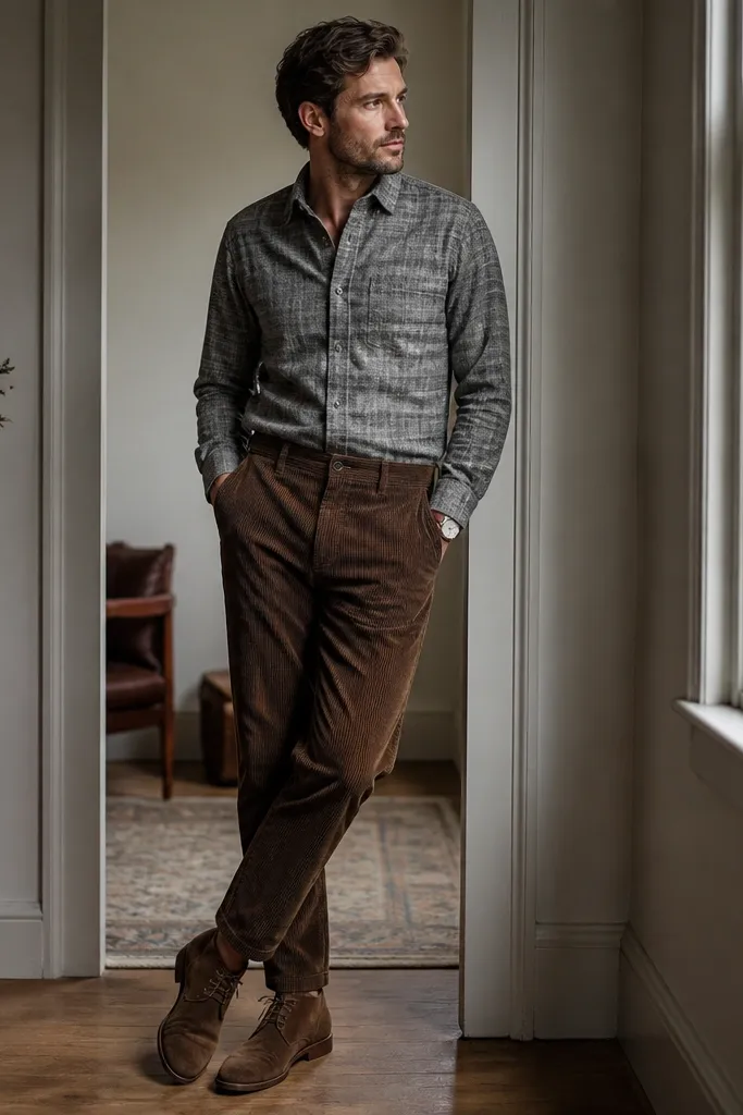 Man wearing a grey flannel button-down tucked into brown corduroy pants. He has brown suede chukka boots and a simple wristwatch. The flannel has visible weave and looks brushed.