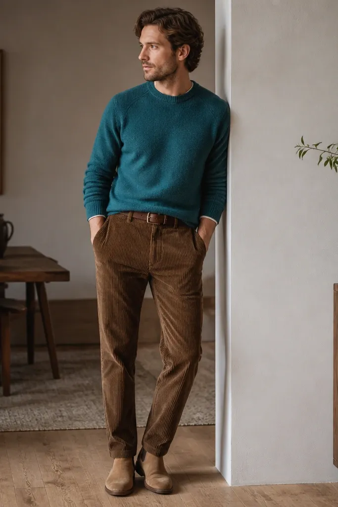 Man wearing a teal crewneck sweater with medium brown corduroy pants. He wears tan Chelsea boots and a brown belt. The teal color pops against the brown, and the pants show medium wale texture.