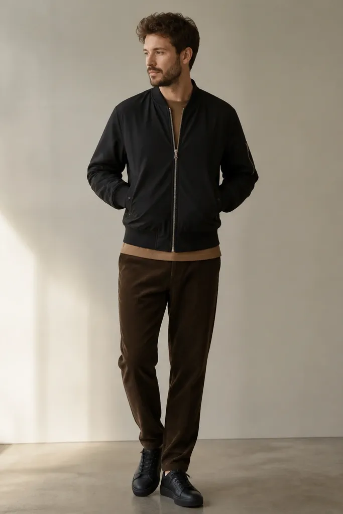 Man wearing a black bomber jacket over a camel t-shirt. He has brown corduroy pants and black sneakers. The bomber is zipped, and the t-shirt is visible at the neckline and hem.