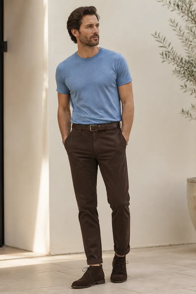 A man in espresso-brown pants with a heather sky-blue crew-neck t-shirt, a dark brown belt, and espresso suede chukka boots; the outfit is styled with minimal accessories and a slight casual fold at the cuff.