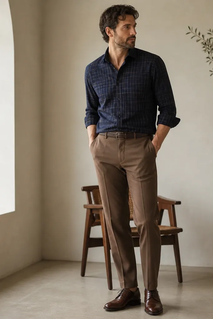 A man wearing medium-brown dress pants, a navy flannel button-up, a brown leather derby shoe, and a matching belt; the flannel is partially tucked and the shoes show a polished toe.
