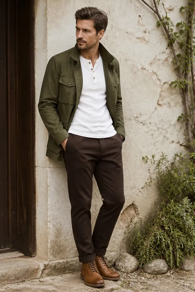 A man wearing dark brown tapered trousers, a white henley shirt, an olive green field jacket, and tan leather lace-up boots; the jacket is worn open.