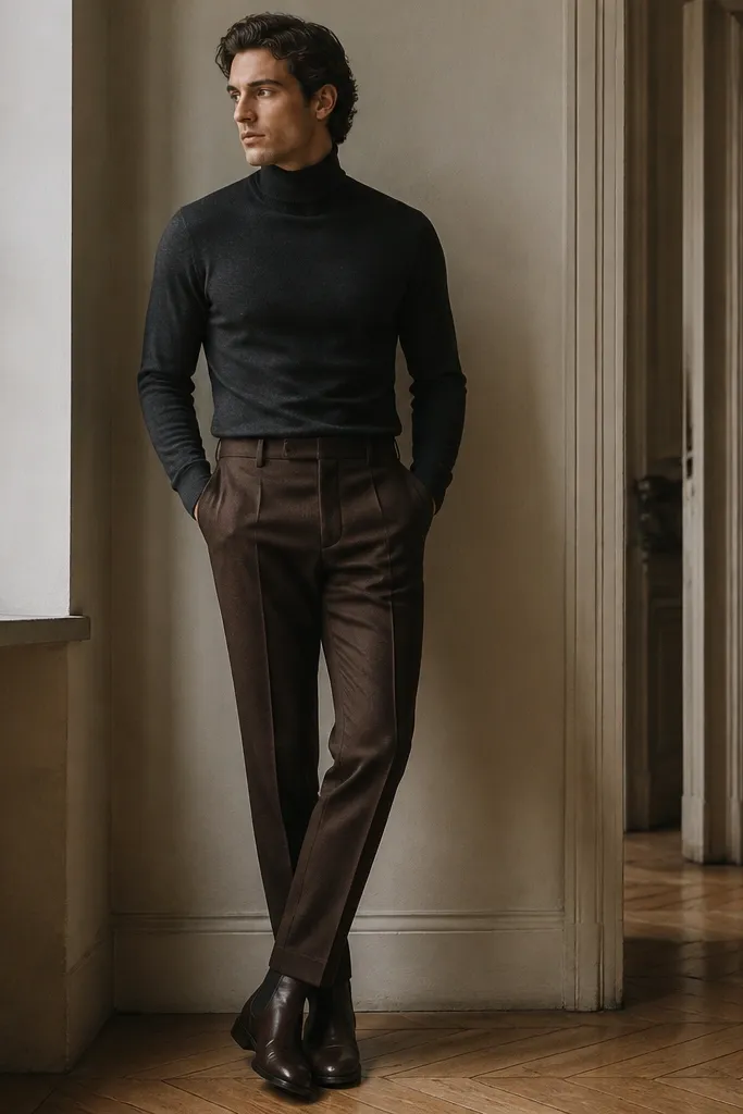 A man wearing chocolate-brown wool dress pants, a charcoal turtleneck sweater, and dark brown leather boots; the turtleneck is fitted and the pants have a sharp crease.