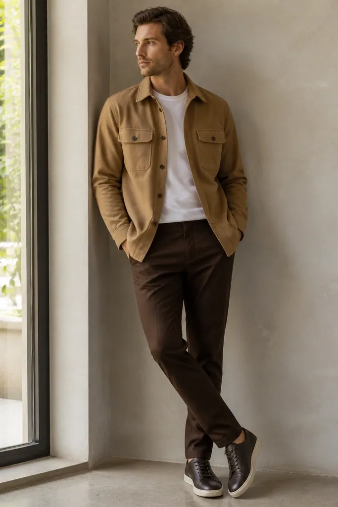 A man wearing dark brown chinos, a white crew-neck tee, a camel overshirt worn open, and black-brown leather sneakers; the overshirt has flap chest pockets.