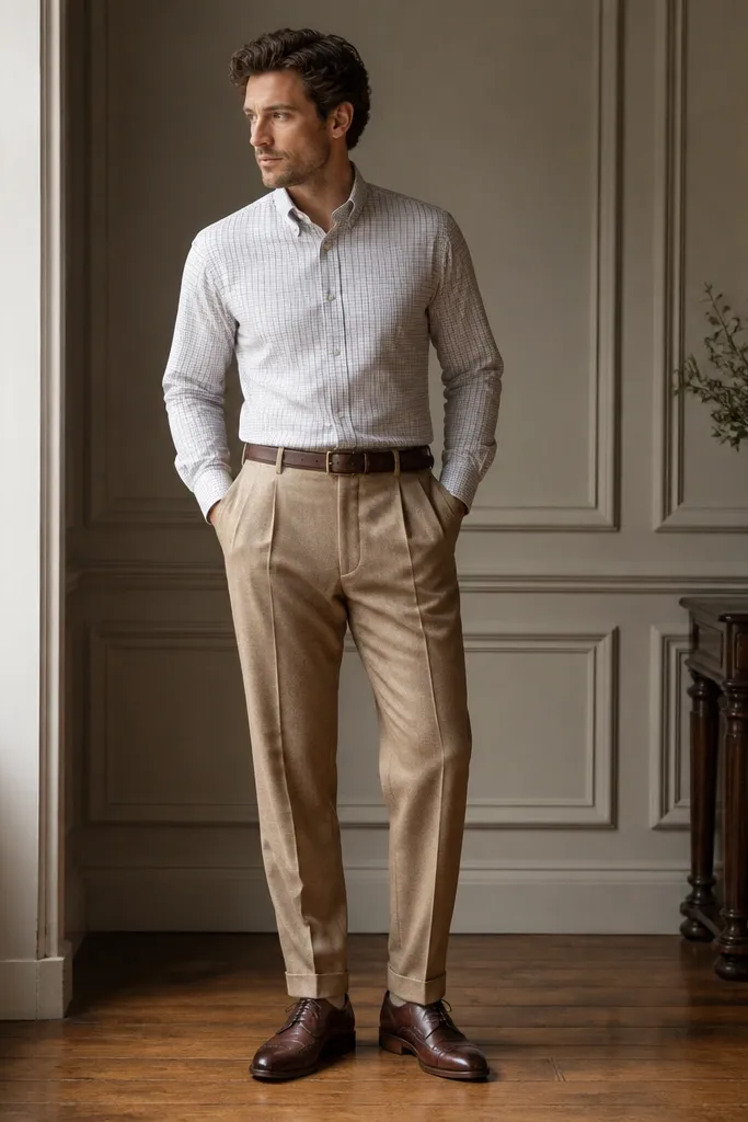 A man wearing tan wool slacks with a button-down shirt in a subtle windowpane pattern, a brown belt, and leather oxford shoes; the shirt pattern is small and neat.