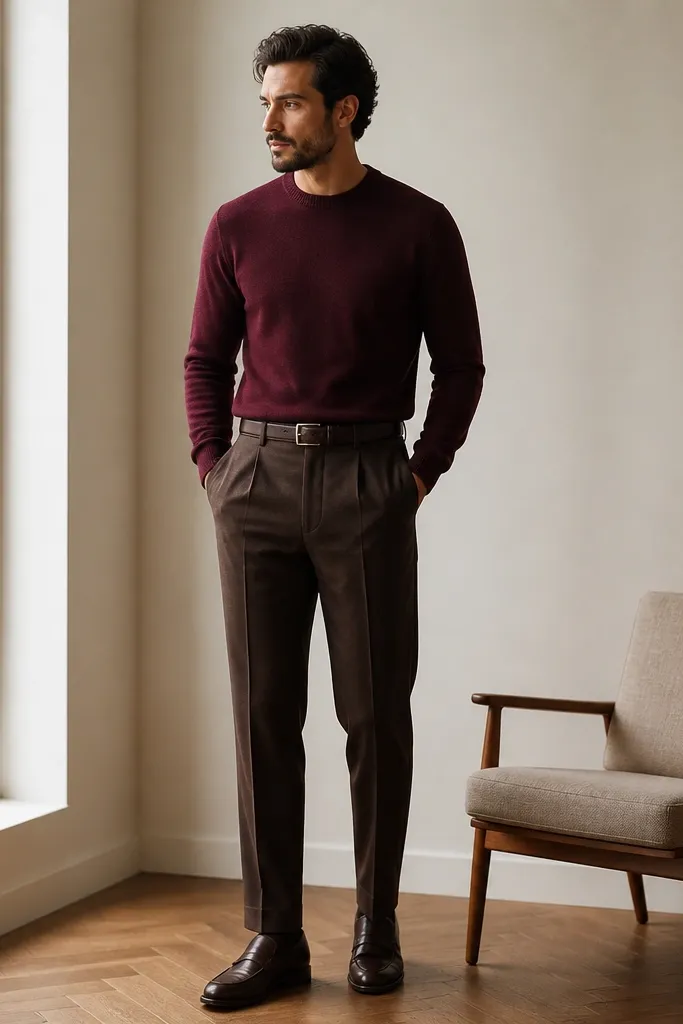 A man wearing espresso-brown dress pants with a burgundy crewneck sweater, a dark belt, and dark leather shoes; the sweater is tucked with a clean waist line.