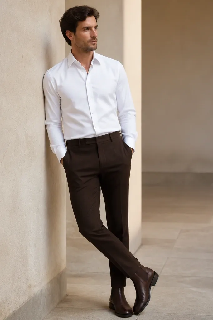 A man wearing dark brown trousers, a white poplin button-down shirt, and dark teak chelsea boots; the shirt is tucked and the outfit looks polished and clean.