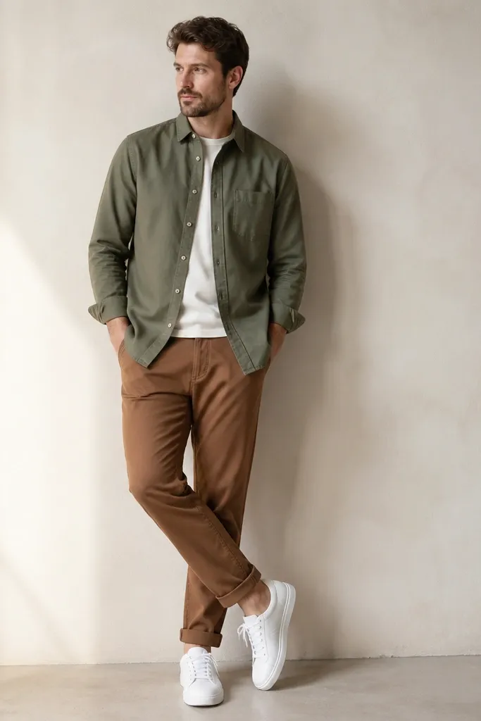 A man wearing tobacco-brown chinos, an olive chambray button-up, and white trainers; the shirt is worn un-tucked with the front slightly open over a tee.