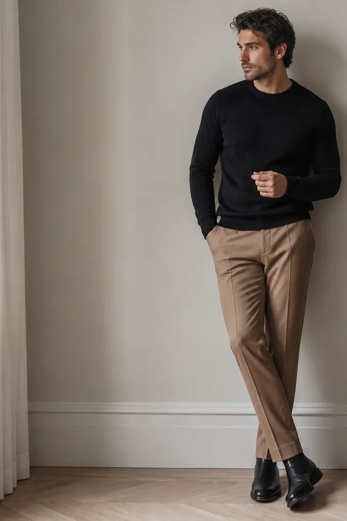 A man wearing tan wool pants, a black crewneck sweater, and black leather boots; the sweater fits close and the pants have a clean crease.