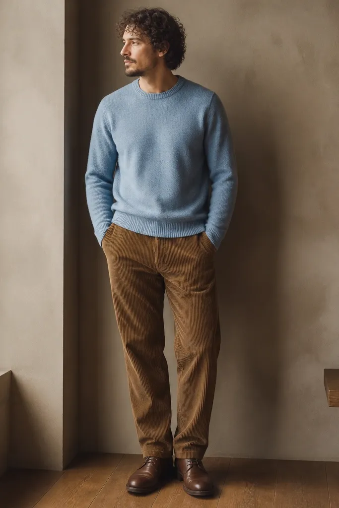 A man wearing medium-brown corduroy pants with a powder blue knit sweater and brown leather shoes; the cords have visible wale texture and a relaxed fit.