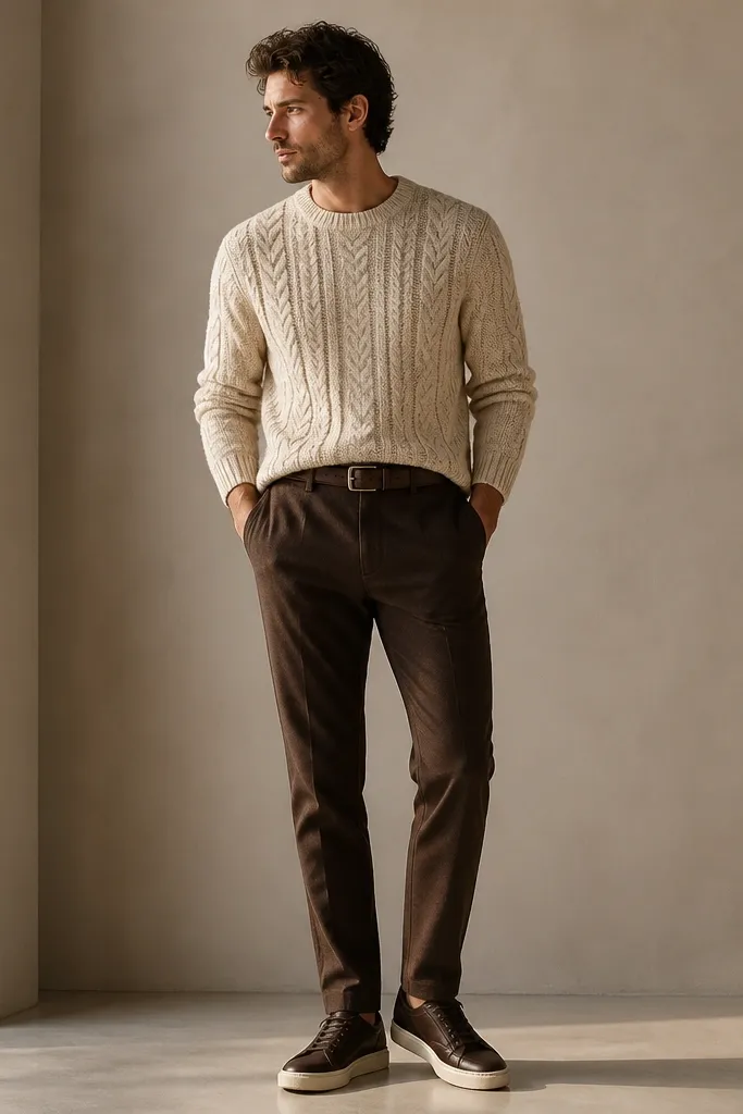 A man wearing dark brown tapered pants with a cream cable-knit sweater, a brown belt, and dark leather sneakers; the sweater is tucked at the front.
