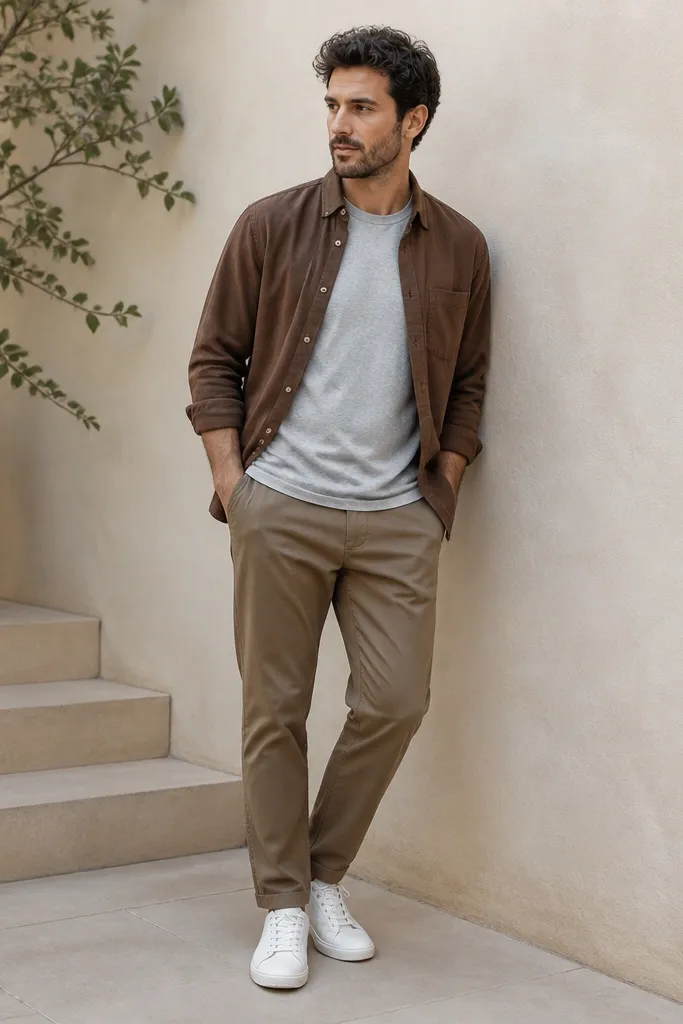 A man wearing medium-brown pants with a gray t-shirt, a brown overshirt worn open, and clean white low-top sneakers; the outfit looks casual but neat.