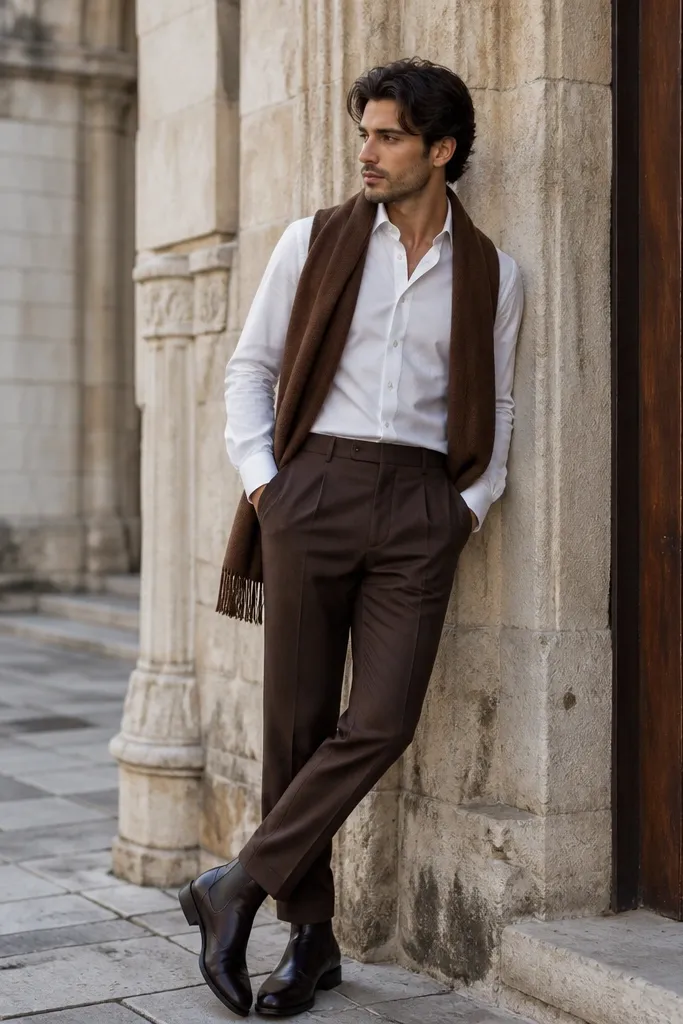 A man wearing chocolate-brown dress pants, a white button-down shirt, a brown scarf draped casually, and dark leather boots; the scarf adds a warm accent in cool weather.