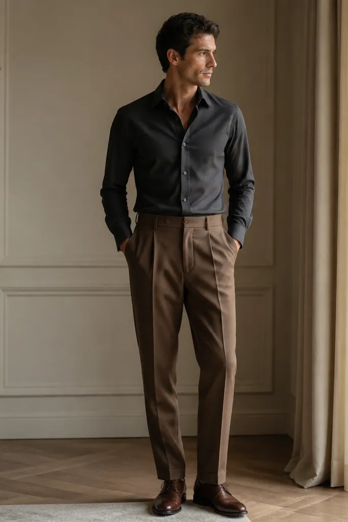 A man wearing brown pleated trousers, a charcoal button-up shirt, and polished brown leather oxfords; the pleats are visible and the outfit looks formal.
