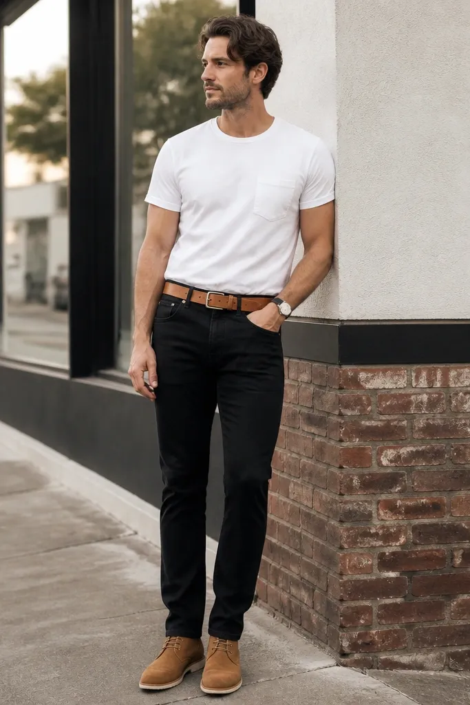 A man stands outdoors in a casual street setting wearing a crisp white pocket T-shirt tucked slightly into matte black jeans. He wears tan suede chukka boots with crepe soles. A light tan belt and a simple watch finish the look. The jeans have a clean hem with a slight break over the boot shaft.