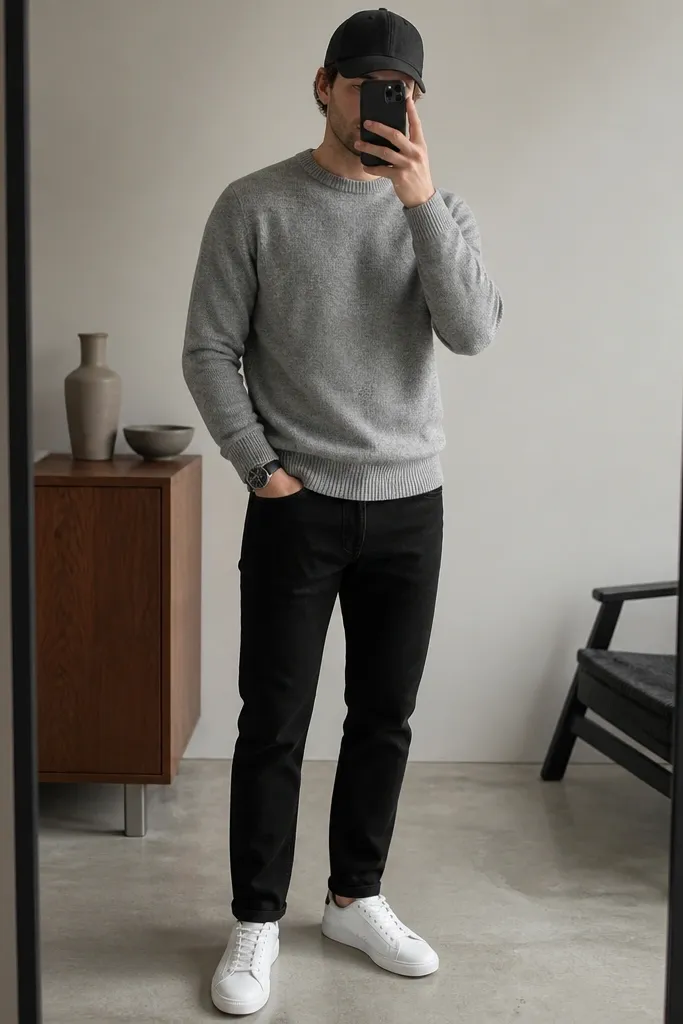A mirror selfie shows a grey marl crewneck sweater layered over black jeans. The jeans are slim-straight with a neat hem. The man wears clean white low-top sneakers with minimal branding and white laces. A dark wristwatch and a plain black or grey cap sit on his head and wrist.