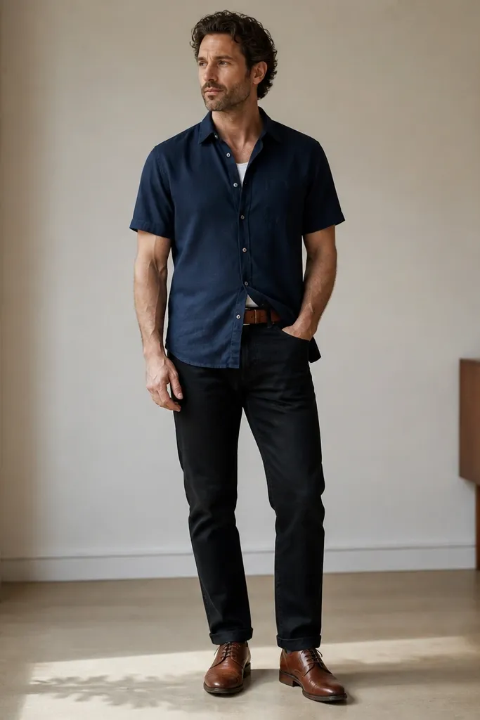 The photo shows a navy short-sleeve button-down shirt worn open at the collar over a white undershirt, paired with black jeans. The man wears brown leather Derby shoes with a slightly rounded toe. A brown leather belt matches the shoes. The overall look is tidy, with the shirt slightly untucked and the jeans showing a clean break.