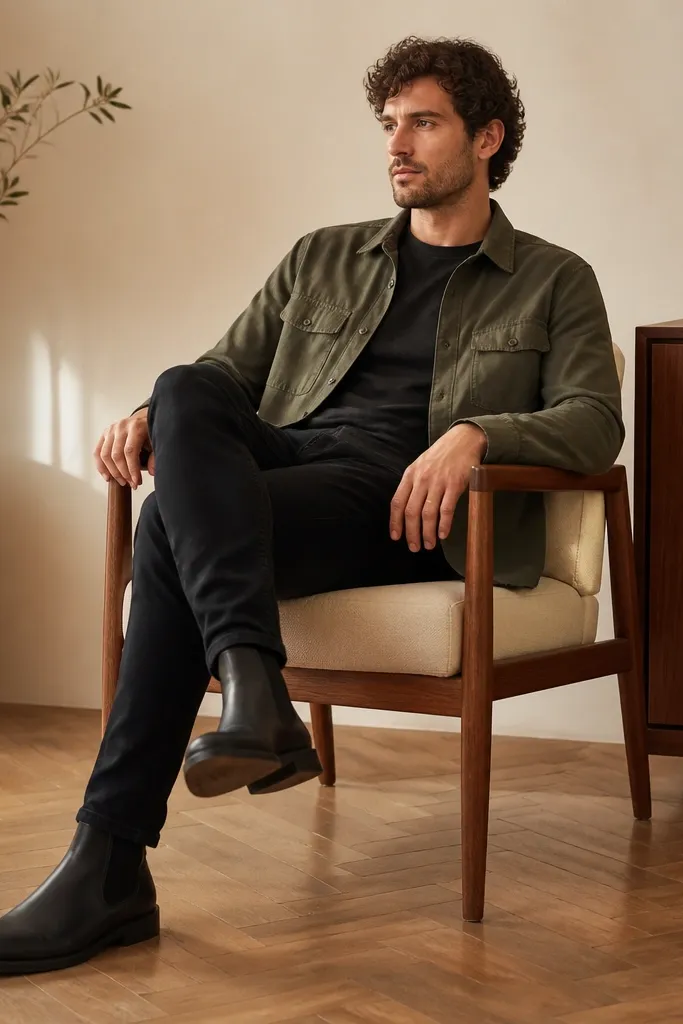 A man wears an olive green overshirt with two chest pockets over a plain black or charcoal tee. He pairs it with black jeans and black leather Chelsea boots. The overshirt is slightly open, showing the dark tee. The lighting is warm, and the boot elastic panels are clearly visible.