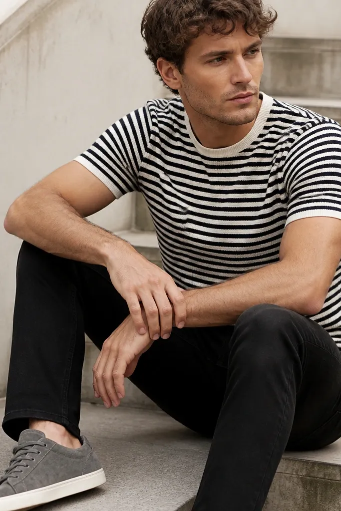 A close-up shows a black-and-white striped knit tee fitted at the shoulders and slightly textured fabric. It's worn with black jeans. The shoes are grey suede low-top sneakers with off-white soles. The outfit looks casual and clean, with no jacket.