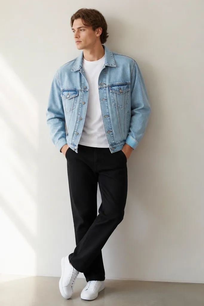 The photo shows a light blue denim jacket with a slightly boxy fit worn over a plain white T-shirt. The man wears black jeans with a straight leg. The shoes are white sneakers. The jacket cuffs sit neatly at the wrists, and the overall look is bright and casual.