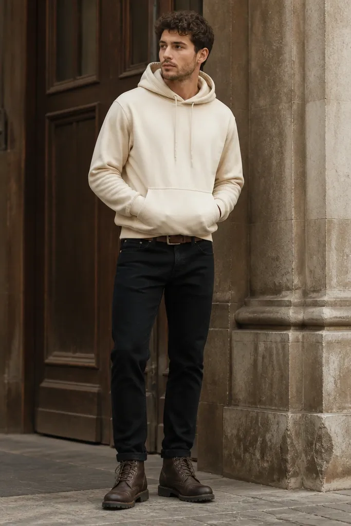 A full-body shot shows a cream hoodie layered over black jeans. The hoodie has a relaxed fit with the hood down. The man wears dark brown leather lace-up boots with a thick sole. A brown belt peeks above the waistband. The outfit looks warm and casual.