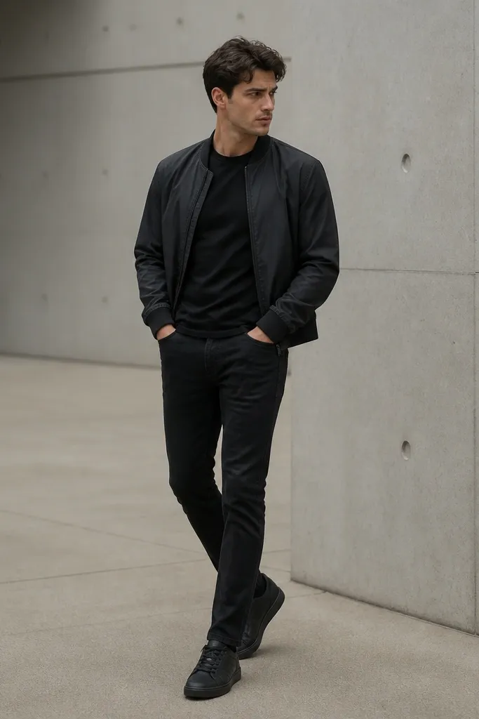 The man wears a black crewneck tee and black jeans. Over it is an open lightweight bomber jacket in charcoal or black with a matte finish. He wears monochrome sneakers in black or dark grey. The bomber hem sits around the waistband, and the outfit looks sleek and minimal.