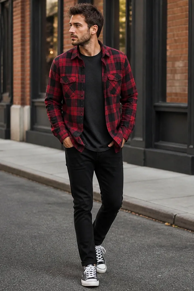 A casual street photo shows a red and black plaid flannel worn unbuttoned over a dark tee. The man wears black jeans and black-and-white low-top sneakers. The flannel hem is slightly longer than the tee, and the sneakers have a classic canvas look.