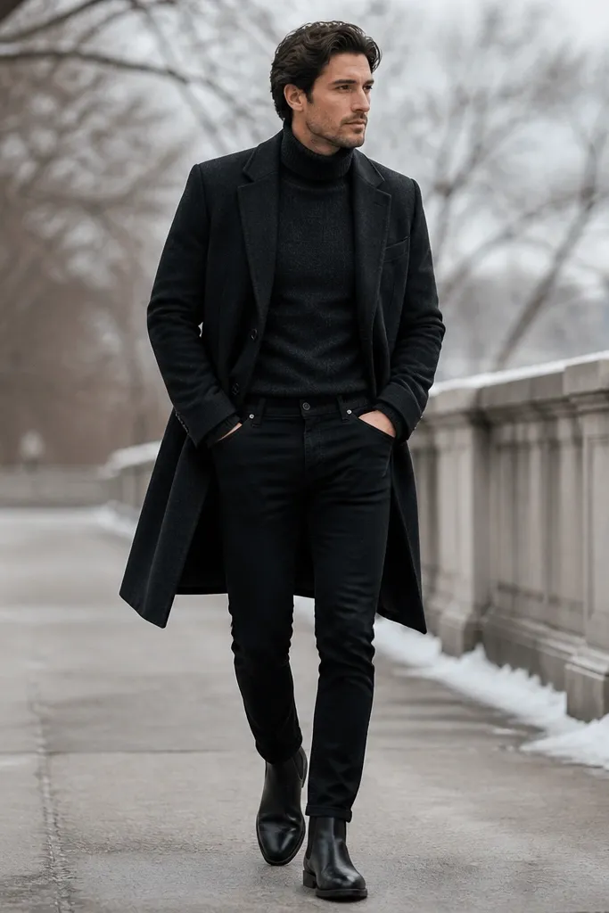 A winter look shows a charcoal turtleneck sweater tucked into black jeans. Over it is a long wool overcoat in dark grey or black, slightly open. The man wears black leather boots. The coat hem extends past the hips and the outfit looks clean and layered.