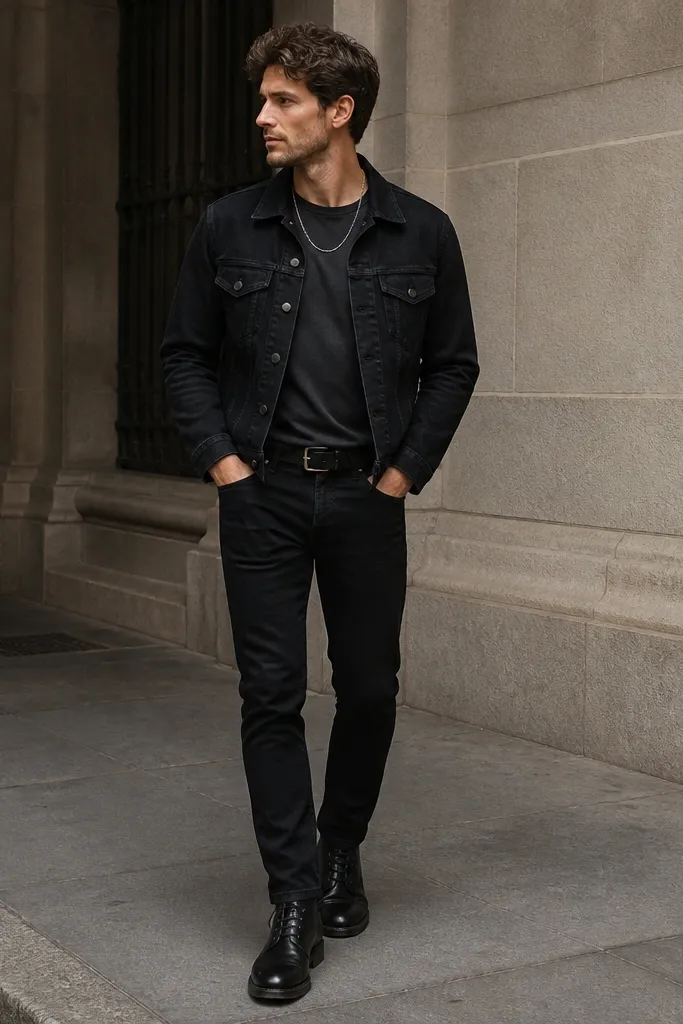 A street-style shot shows a black denim jacket worn over a dark grey tee. The man wears black jeans and black leather boots with a lace-up style. A small silver chain catches light at the collar. The jacket is slightly cropped, ending around the waistband.