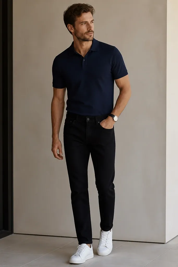 The man wears a navy knit polo shirt with a clean collar and short sleeves. The polo is tucked into black jeans. He has white leather sneakers with smooth uppers. The look is neat, with no jacket and a simple wristwatch.