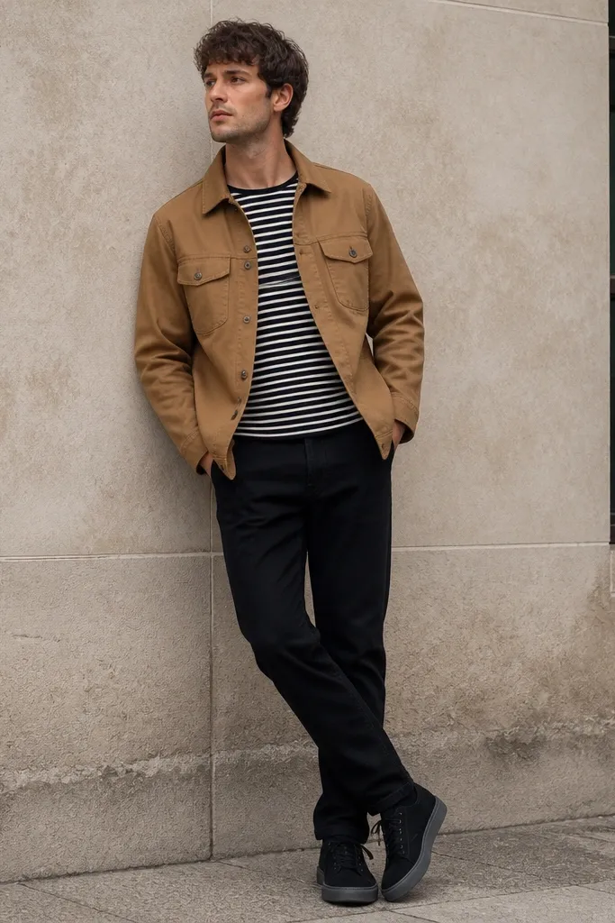 A layered outfit shows a tan chore coat with two chest pockets over a black-and-white striped tee. The man wears black jeans and dark sneakers with black uppers and grey soles. The coat is worn open, and the tee peeks out at the collar.