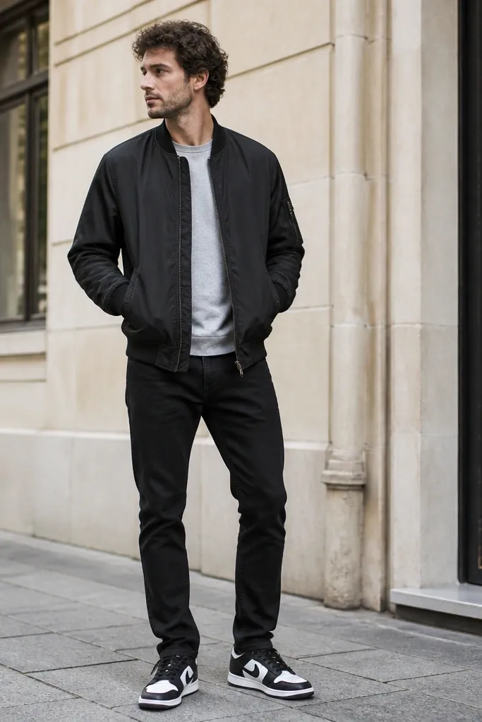 A casual city shot shows a grey crewneck tee under a black bomber jacket. The man wears black jeans and trainers with a white base and black overlays. The bomber hem sits at the waistband and the collar is ribbed.