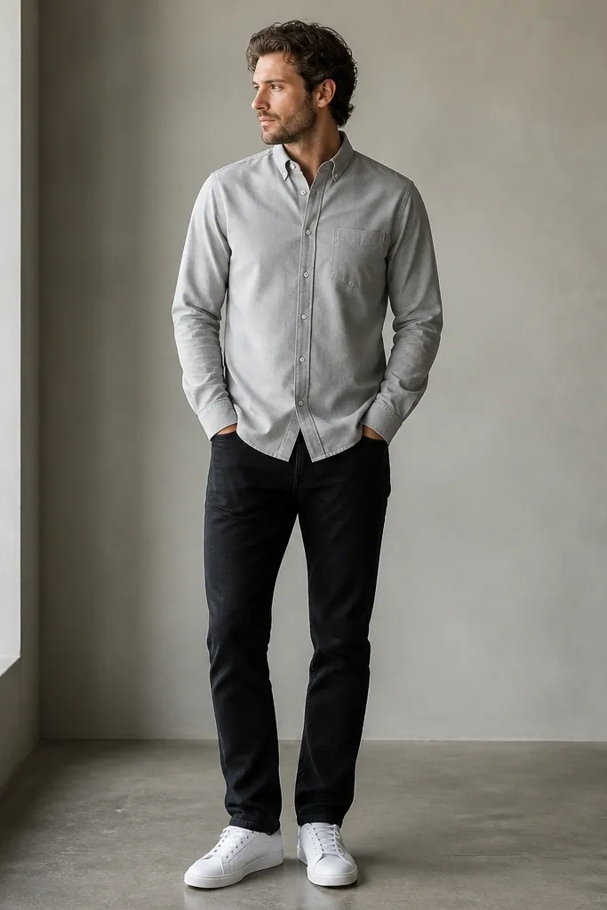 The photo shows a light grey oxford shirt worn with sleeves down. The shirt is untucked but ends at the belt line. The man wears black jeans and clean white sneakers. The overall look is calm and neutral, with no jacket.