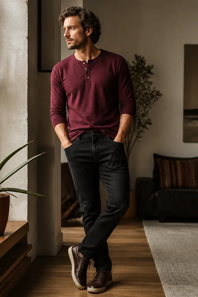 A man wears a burgundy henley with three buttons, sleeves ending at the forearm. He pairs it with black jeans and dark brown leather sneakers. The henley is tucked slightly at the front. The look is warm and casual with a subtle color pop.