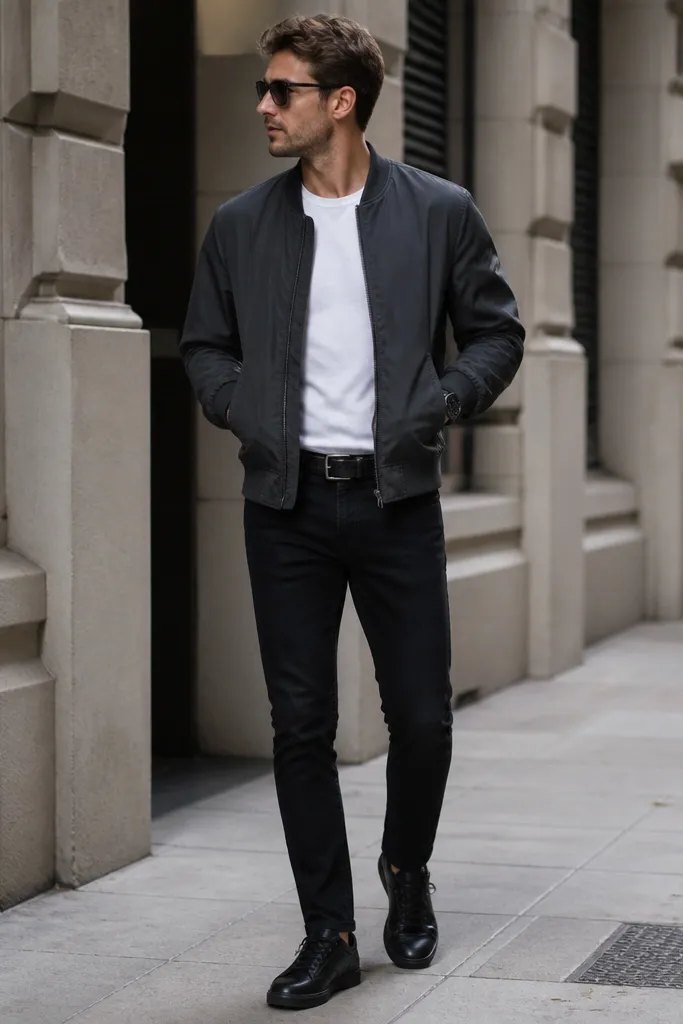 A street photo shows a charcoal bomber jacket worn over a plain white tee. The man has black jeans and black leather sneakers with a low profile. The bomber sits at the waistband and has a matte finish. A dark watch and a simple belt are visible.