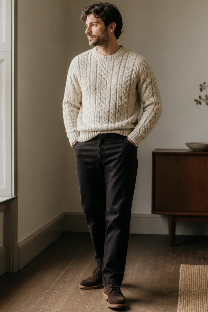 A man in a cream-oatmeal cable-knit sweater with thick braided texture, dark black straight-leg jeans, and dark brown suede desert boots with crepe soles. The outfit has a slight break at the ankle, with the sweater hem showing a clean tuck at the front. Natural window light makes the sweater's knit pattern pop and the suede look matte and soft.