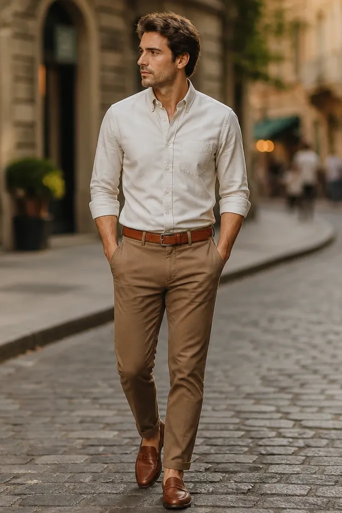 A man in light cream oxford button-down, sleeves slightly rolled, brown chinos, and cognac leather loafers. A brown leather belt matches the shoes. Background is a street scene with warm daylight.