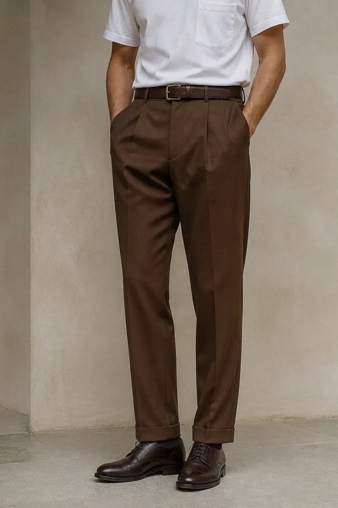 A clean outfit: white crewneck pocket tee tucked into medium-dark brown trousers, dark brown leather derby shoes, and a belt. The photo shows the outfit from mid-thigh to shoes.