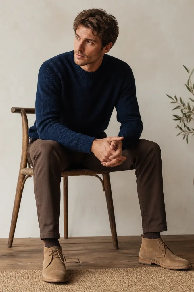 A navy crewneck knit sweater over a brown pant, with tan suede chukka boots. The sweater looks medium-weight with slight texture, and the boots have visible suede nap.