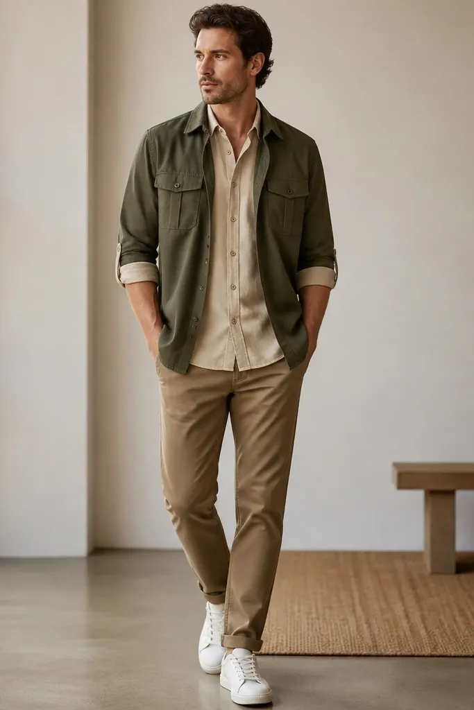 An olive overshirt layered over a sand button-down with sleeves rolled using tab closures. Brown pants in a lighter shade, plus white sneakers.