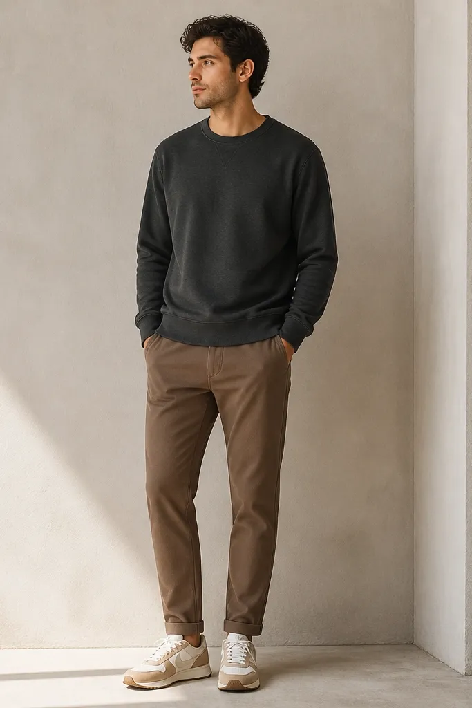 Charcoal crewneck sweatshirt over brown tapered pants, with tan and white sneakers. The sweatshirt sits at hip level and looks slightly thicker than a thin tee.