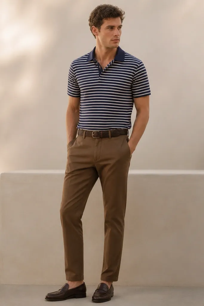 A navy-and-white striped polo with the collar open slightly, brown pants, and a brown knit belt. Shoes are simple leather loafers in dark brown.