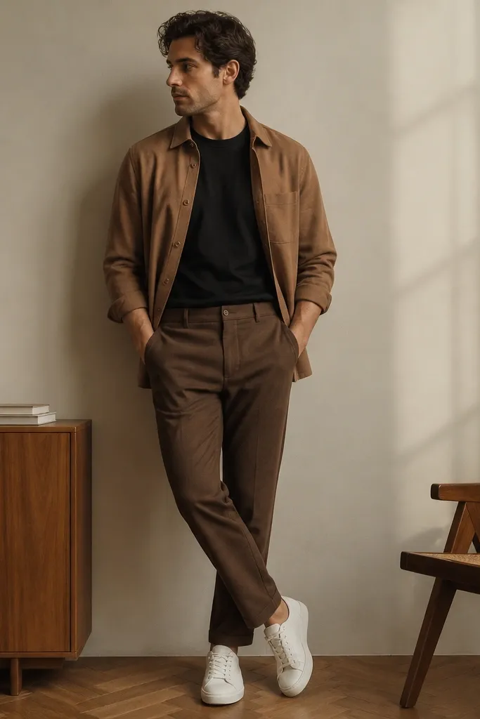 A black crewneck tee tucked into brown pants, with a camel over shirt left open. The shoes look like white low-top sneakers or casual leather sneakers.