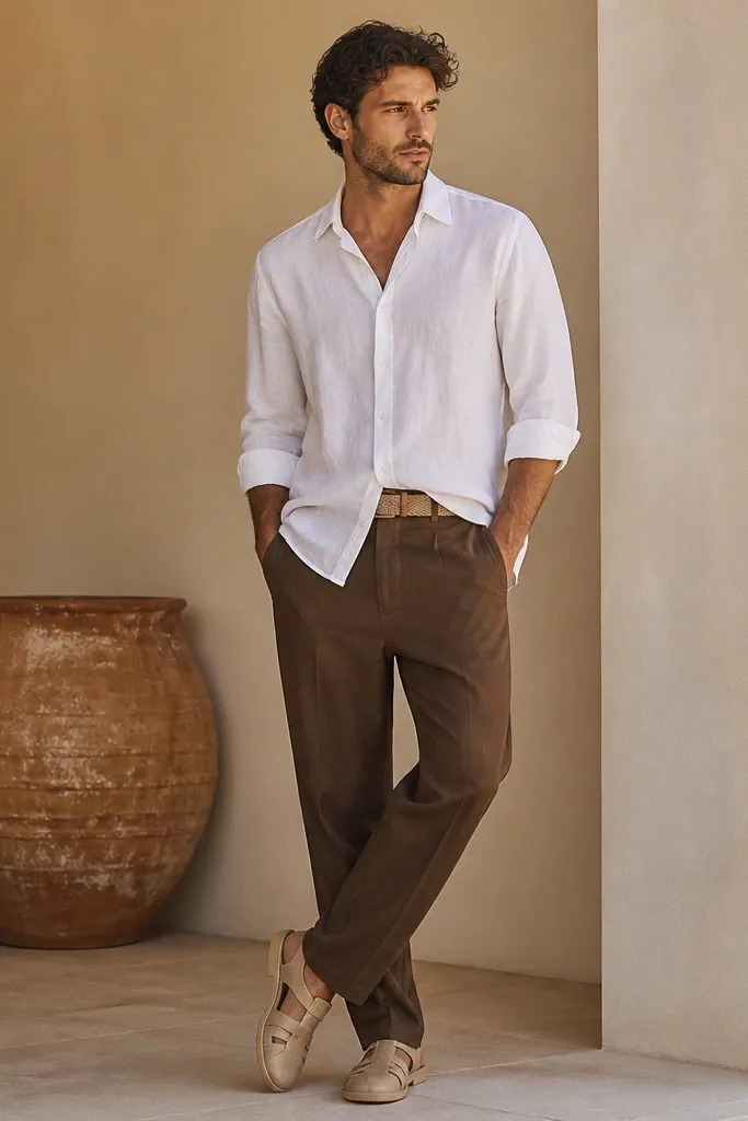 White linen button-down worn untucked over brown pants, with a tan canvas belt. Shoes are light tan leather sandals or minimalist sneakers.