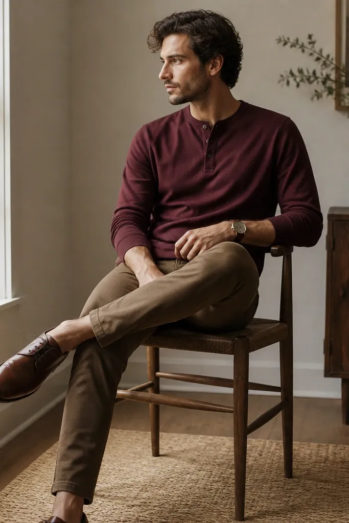 Burgundy henley with three buttons worn over mocha-brown chinos. Shoes are brown leather lace-ups and there's a burgundy watch strap.